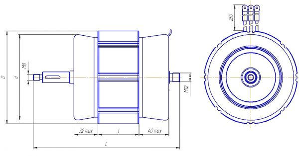 Габаритный чертеж электродвигателей ДАТ107-1500-8 и ДАТ125-2200-8 