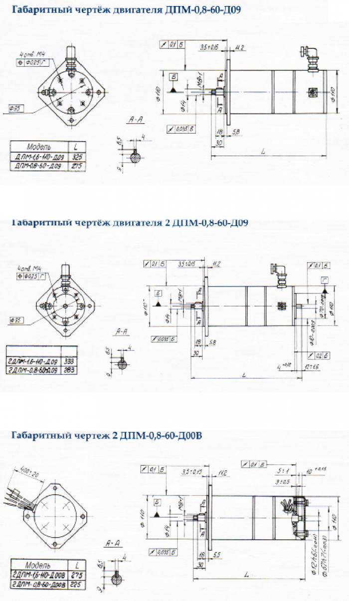 Габаритный чертеж электродвигателей  ДПМ-0,8-60-Д09, 2ДПМ-0,8-60-Д09 и 2ДПМ-0,8-60-Д00В 